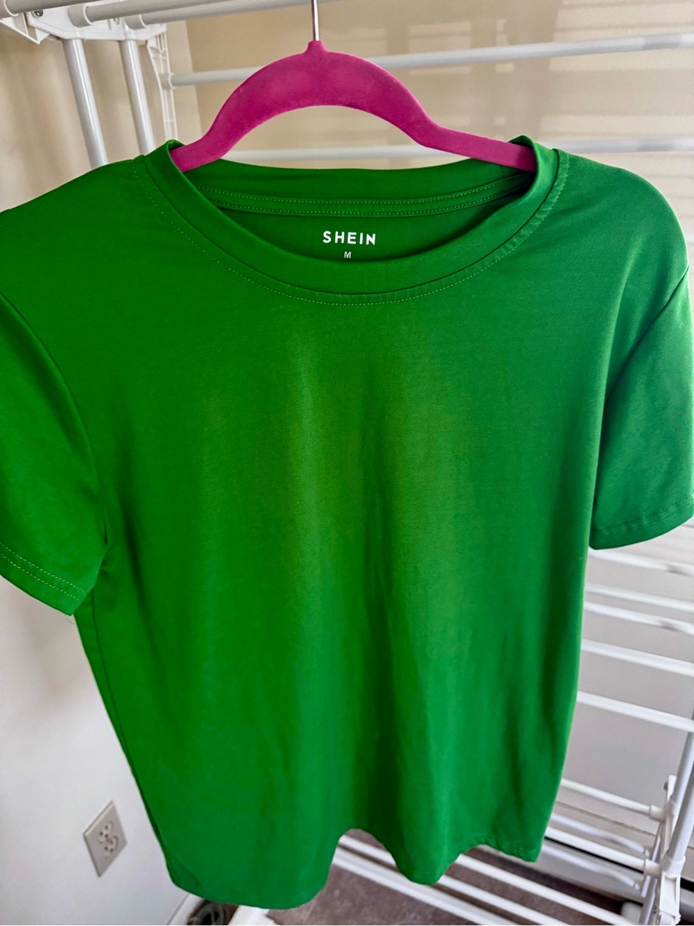 SHEIN Bright Green Crewneck Tee with Pink Trim